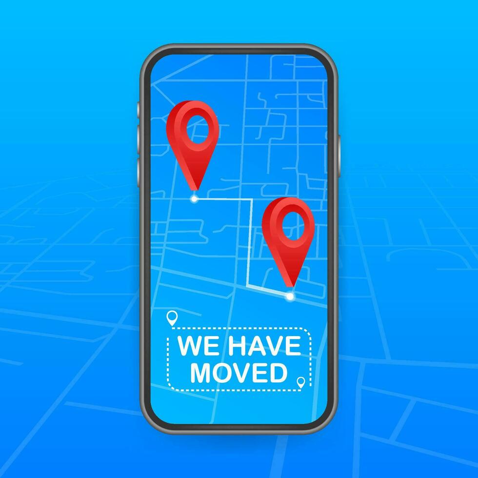 We have moved. Moving office sign. Clipart image isolated on blue background. Vector stock illustration