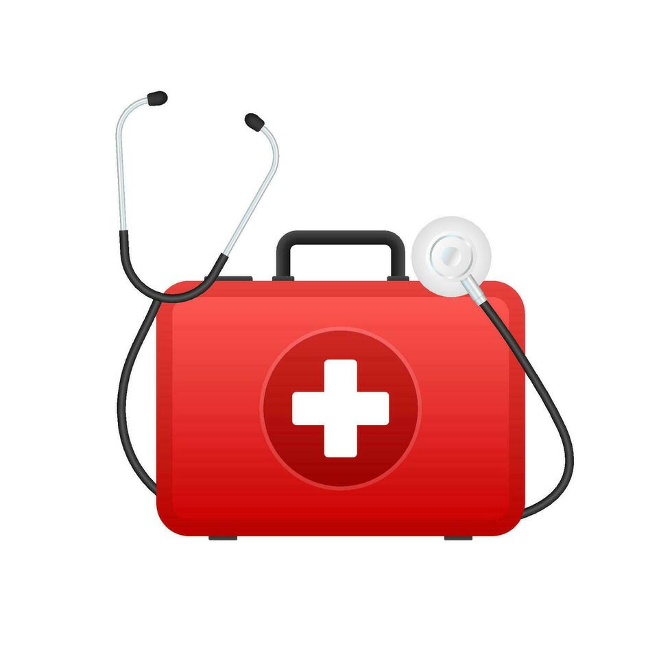 dibujos animados icono con rojo primero ayuda en blanco antecedentes para médico diseño. plano vector ilustración.