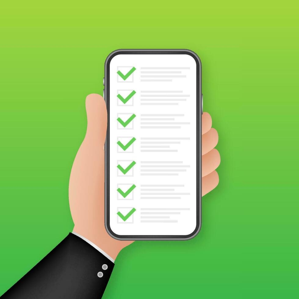Green check list smartphone. Survey vector illustration. Green tick. Flat check list smartphone for web design. Customer service