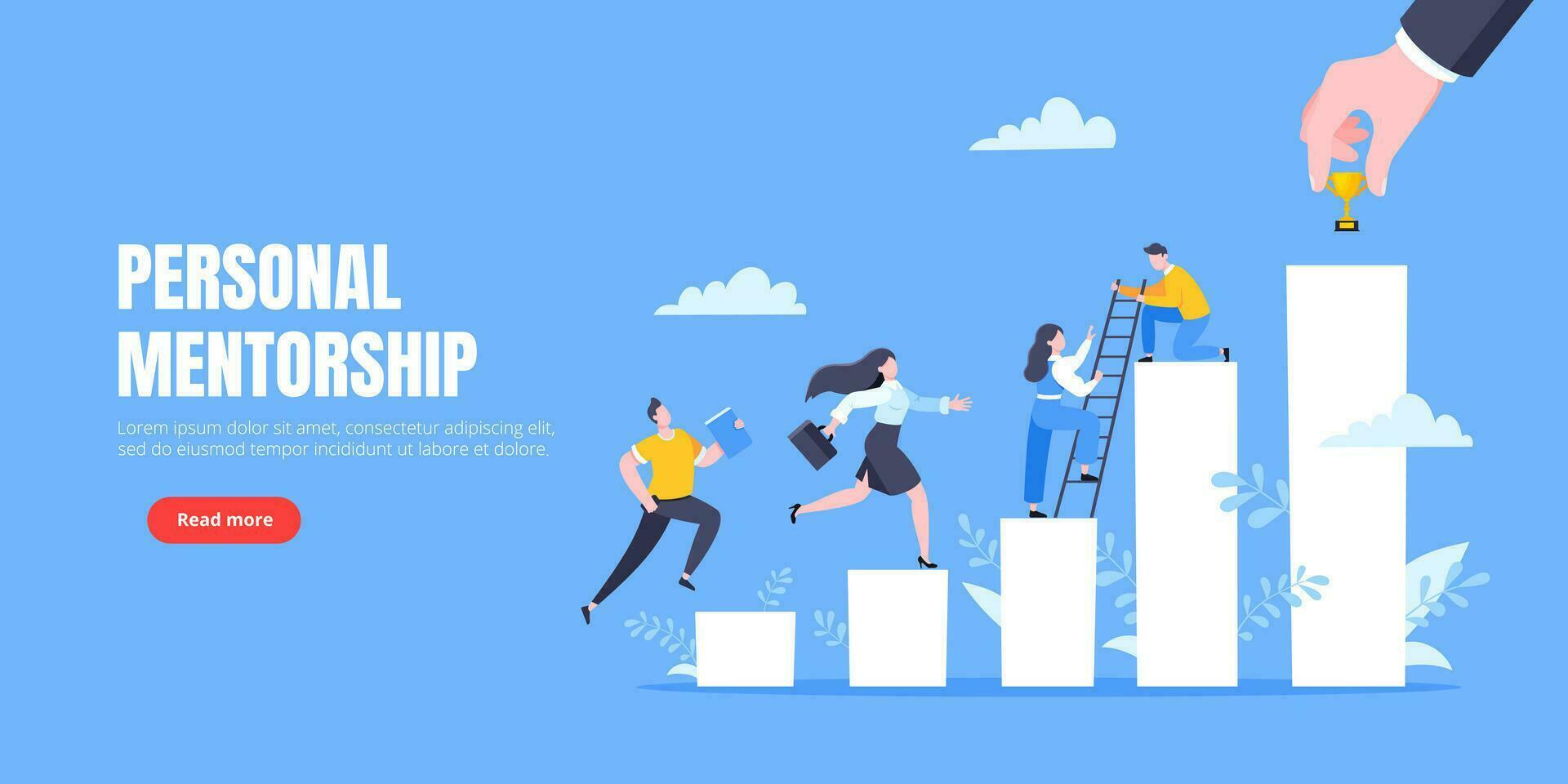 Business mentor helps to improve career and holding stairs steps vector illustration.