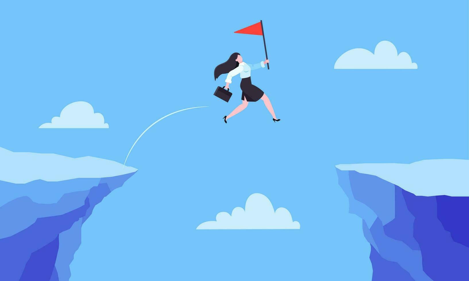 Businesswoman jumps over the abyss across the cliff flat style design vector illustration.