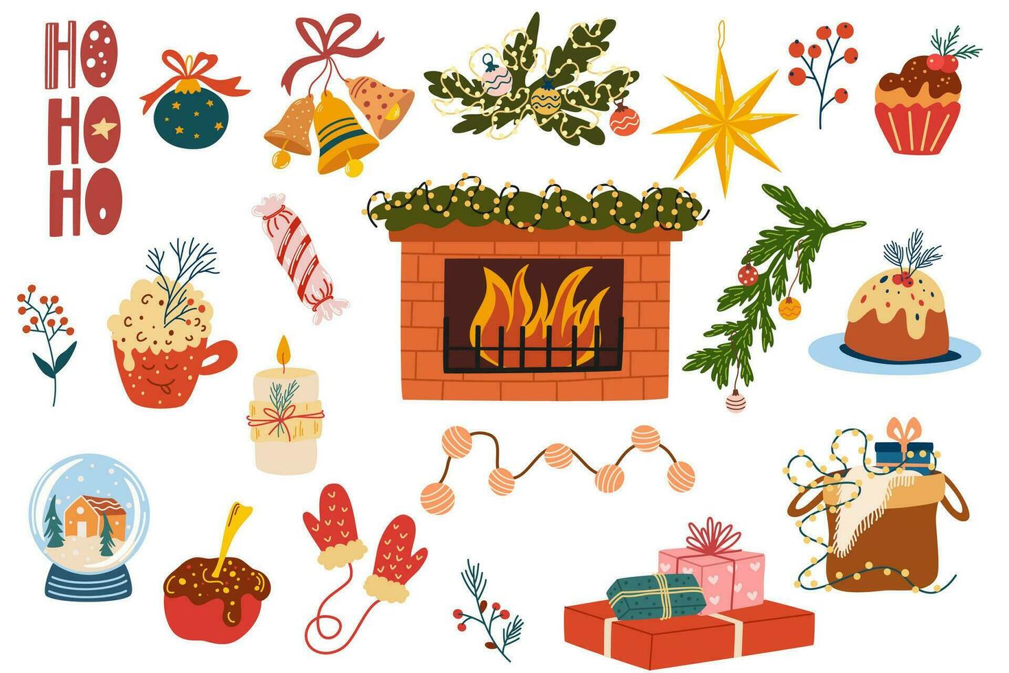 Navidad conjunto de festivo símbolos y diseño elementos. decoraciones, chimenea, juguetes, velas, regalo. colección de álbumes para recortes invierno saludo tarjeta. contento nuevo año. vector ilustración