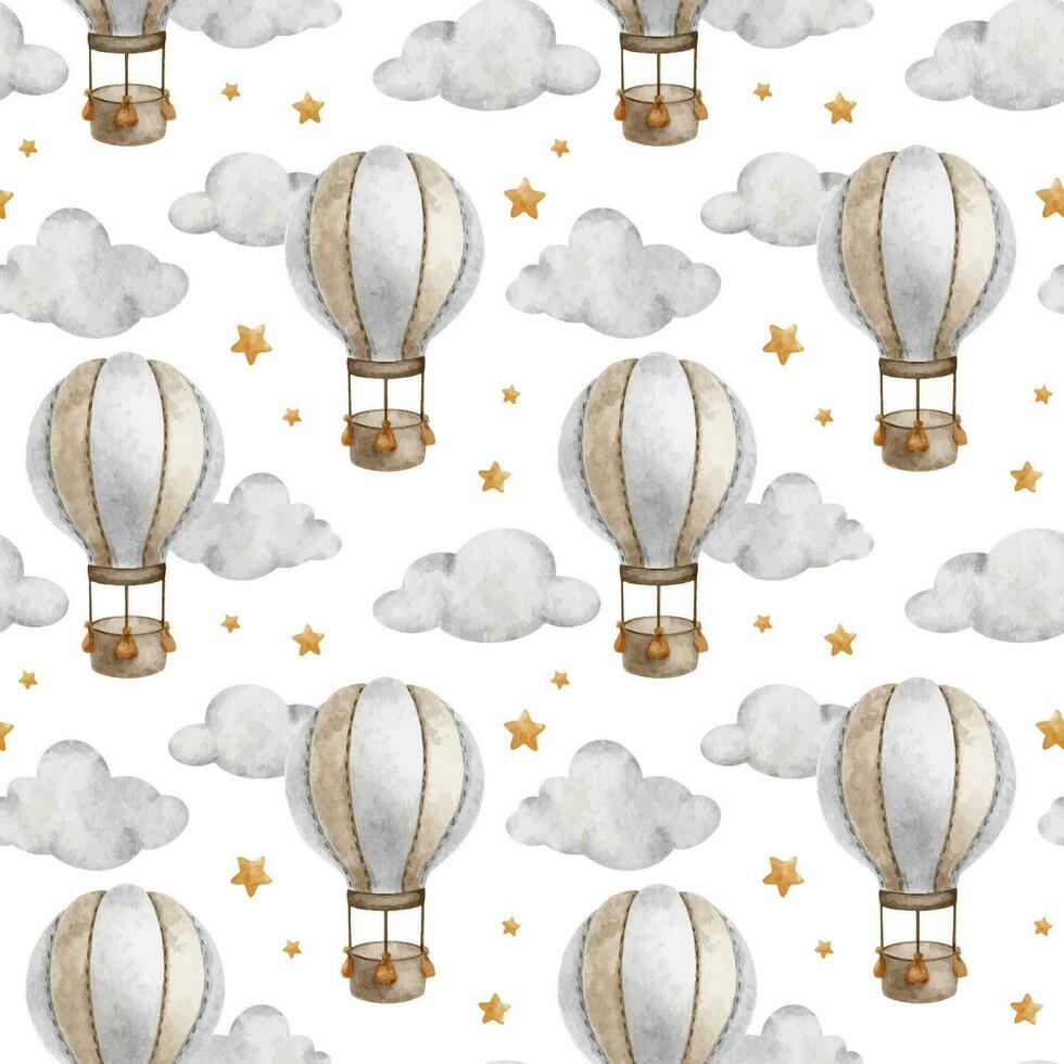 Hot Air Balloon with basket, clouds and stars. Watercolor seamless pattern. Cute baby background. For kid's goods, clothes, textile, postcards, baby shower, wallpaper and children's room vector