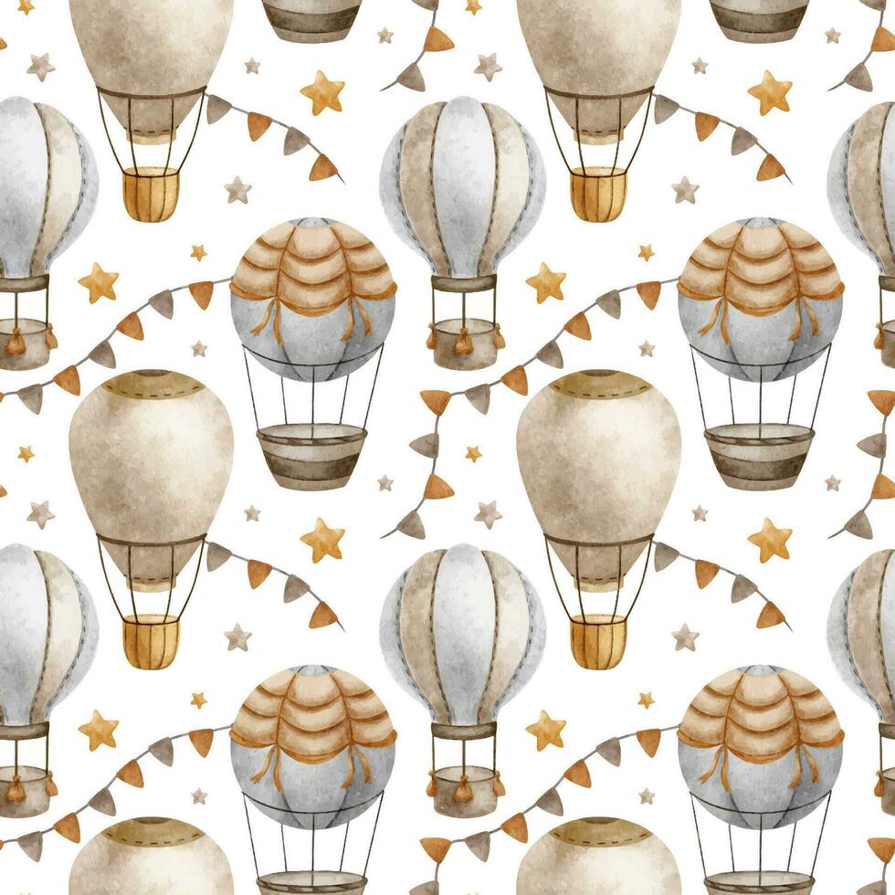 Beige Hot Air Balloon with basket, flags and stars. Watercolor seamless pattern. Cute baby background. Design for kid's goods, clothes, textile, postcards, baby shower, wallpaper and children's room vector