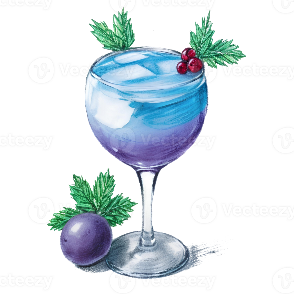 blu cocktail nel un' bicchiere con ghiaccio e cannuccia. alcolizzato bere. matita disegnato illustrazione. ai generativo png