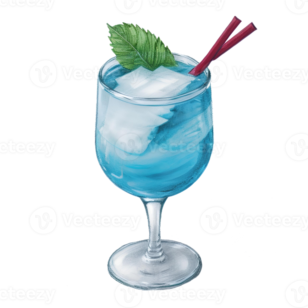 Blue cocktail in a glass with ice and straw . Alcoholic drink. Pencil Drawn Illustration. AI Generative png