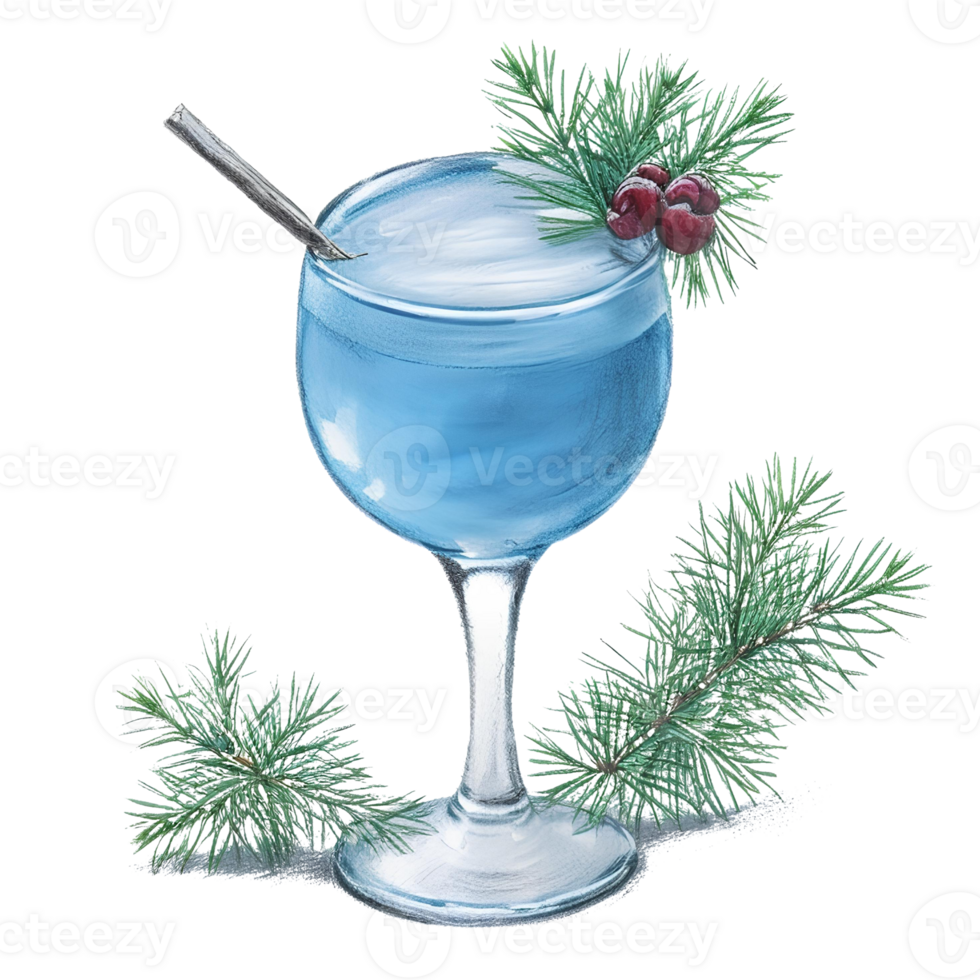 Blue cocktail in a glass with a straw. Alcoholic drink. Pencil Drawn Illustration. AI Generative png