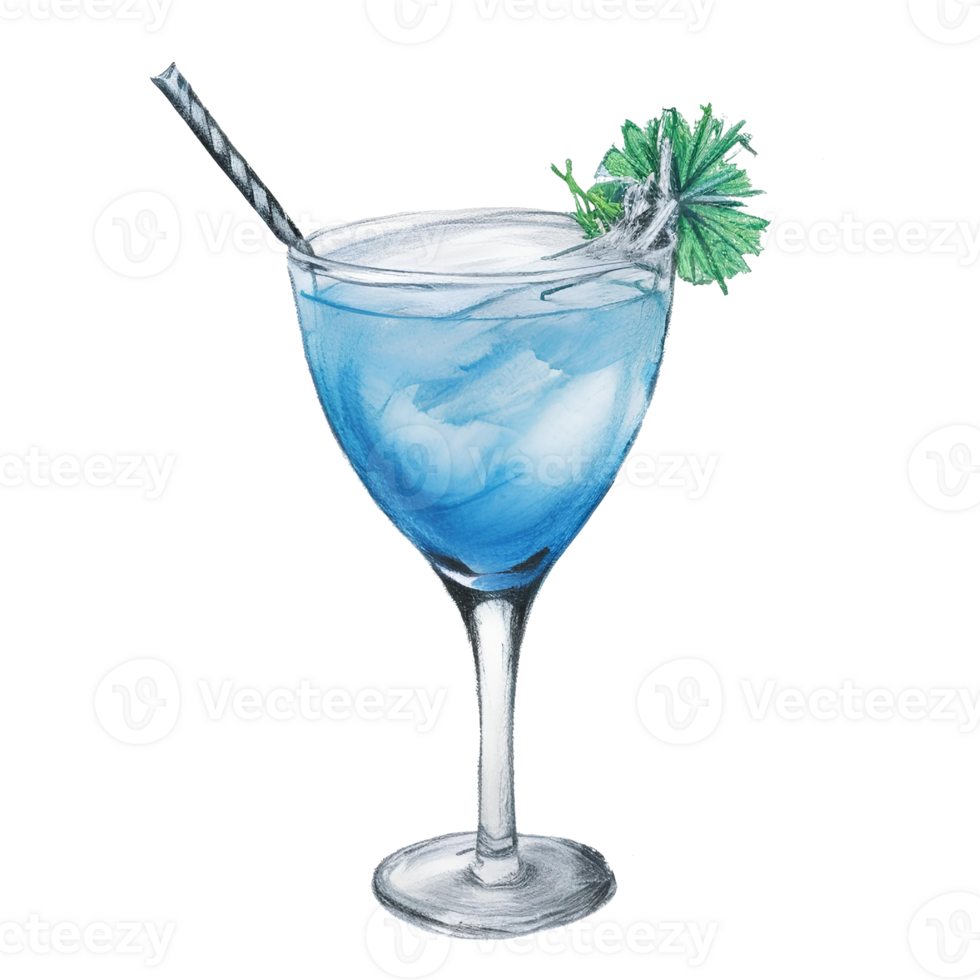 Blue cocktail in a glass with ice and straw. Alcoholic drink. Pencil Drawn Illustration. AI Generative png