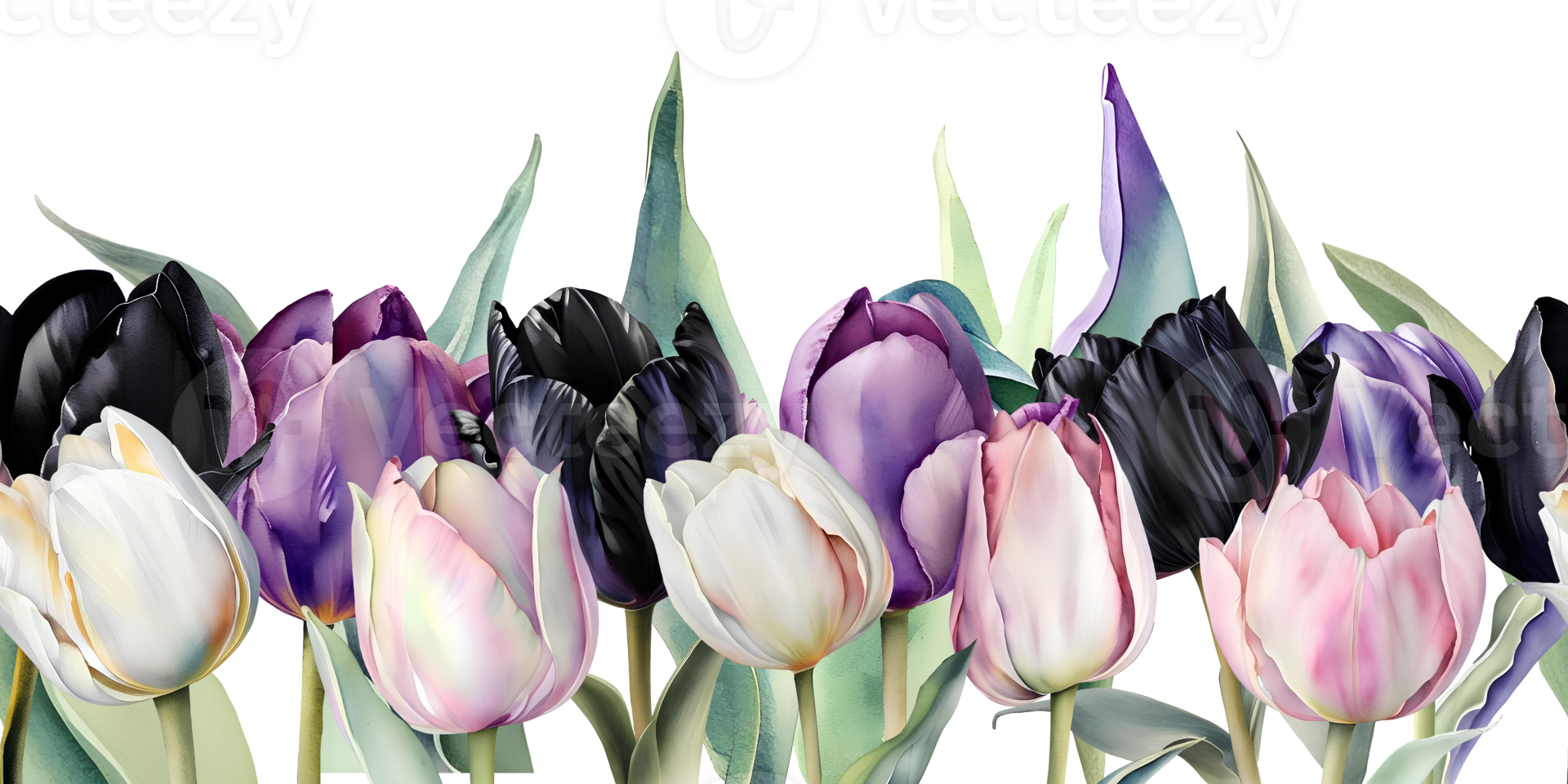 Seamless border of watercolor tulips flowers. Floral design for greeting cards, banners, posters. AI Generative png