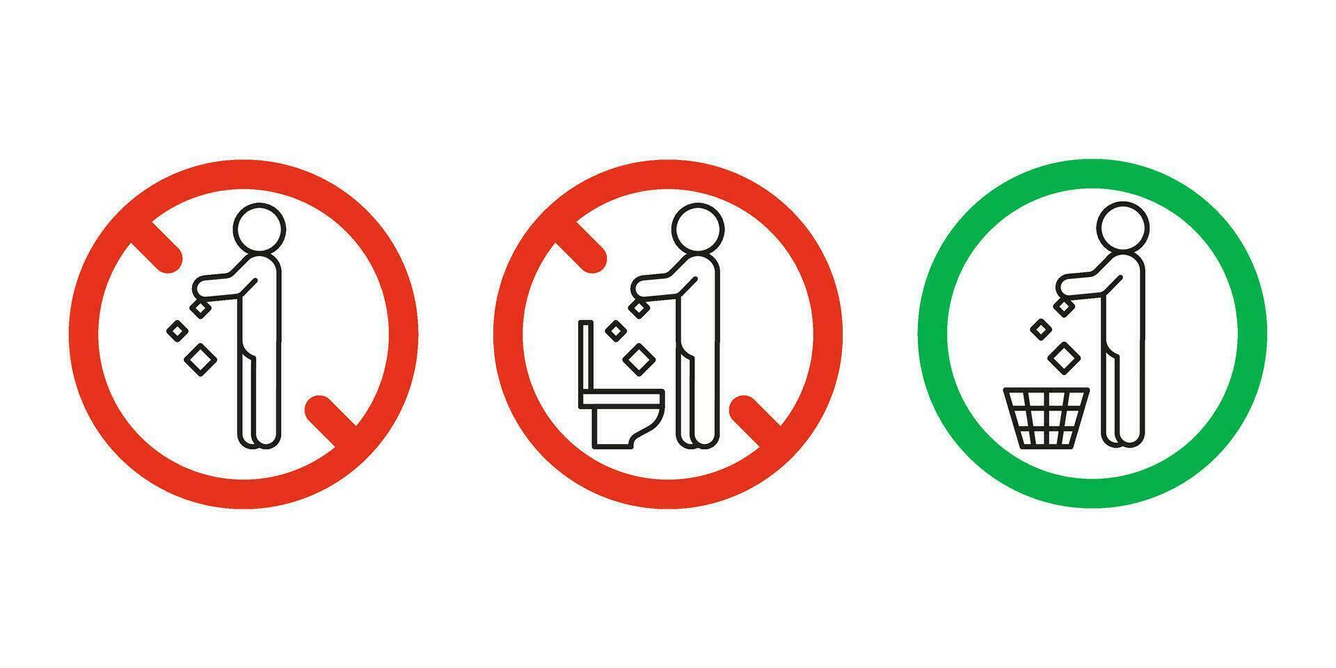 Rule take out trash in basket but not in toilet pan, prohibition warning sign. Do not throw garbage in toilet. Can throw rubbish into trash can. Problem of planet pollution, clean. Vector