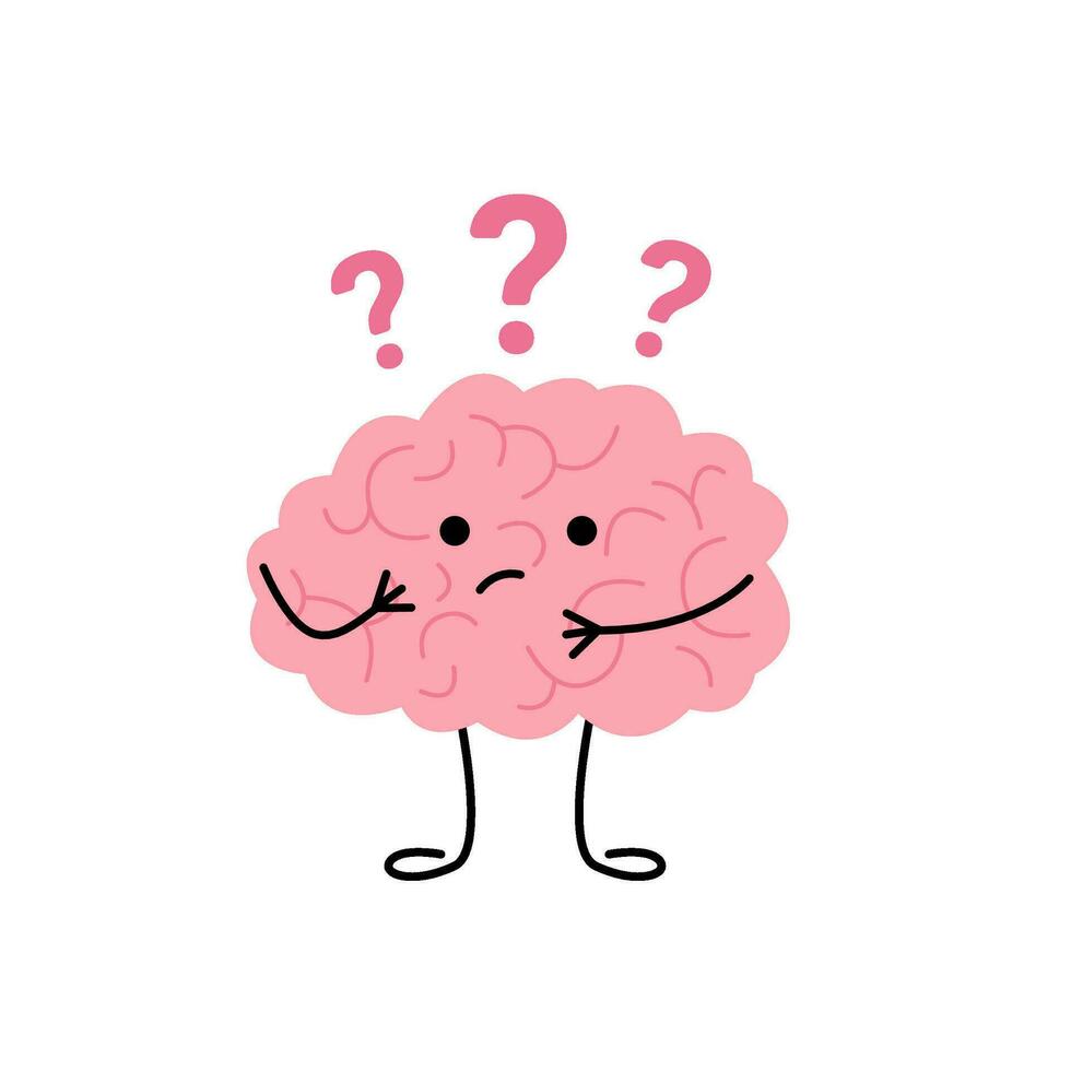 Brain think, doubt over question, cute child character. Confused brain, seek answer. Vector illustration