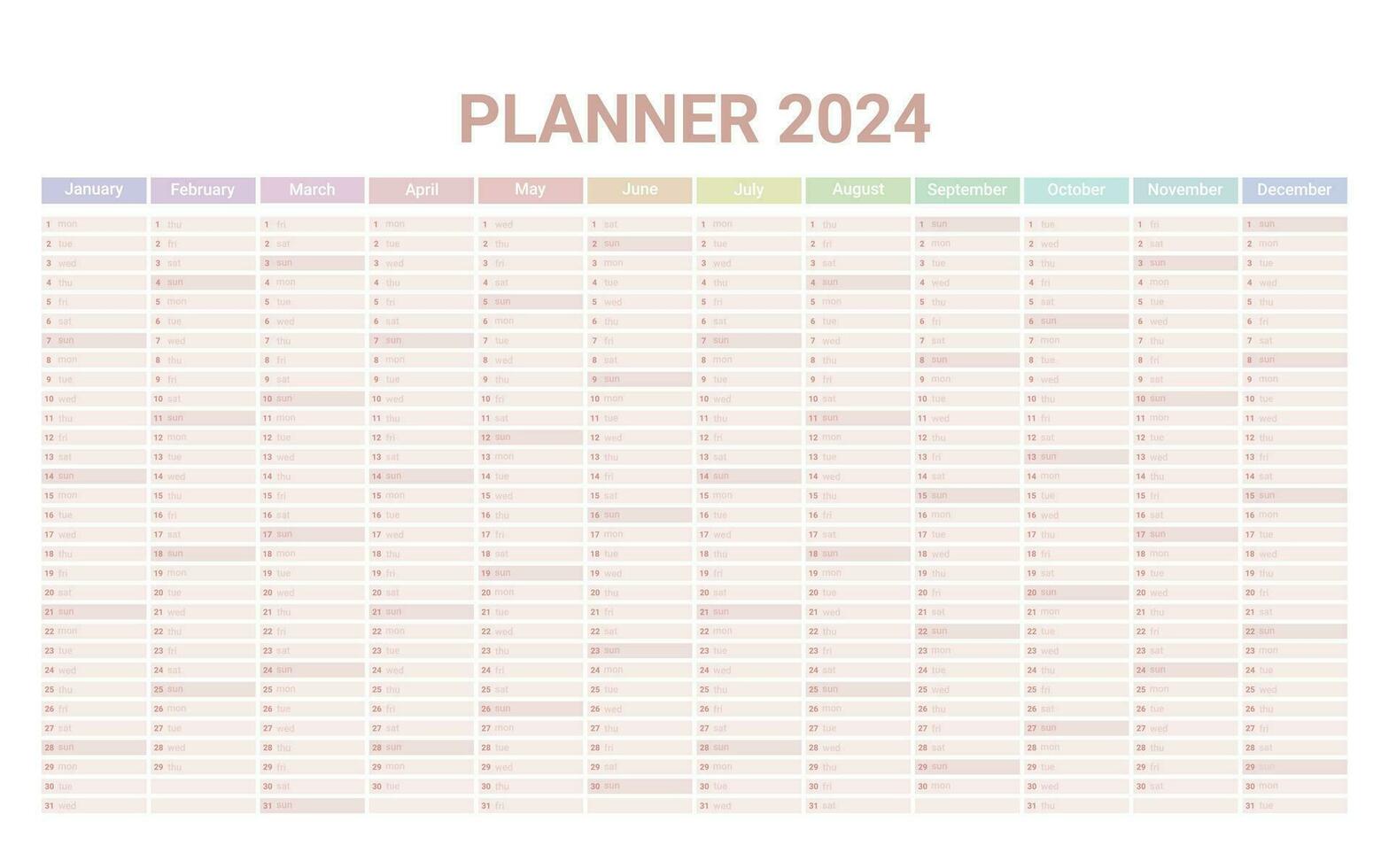 Planner English calendar of 2024 year, template schedule calender with 12 vertical months on one page. Wall organizer, yearly planner template. Vector