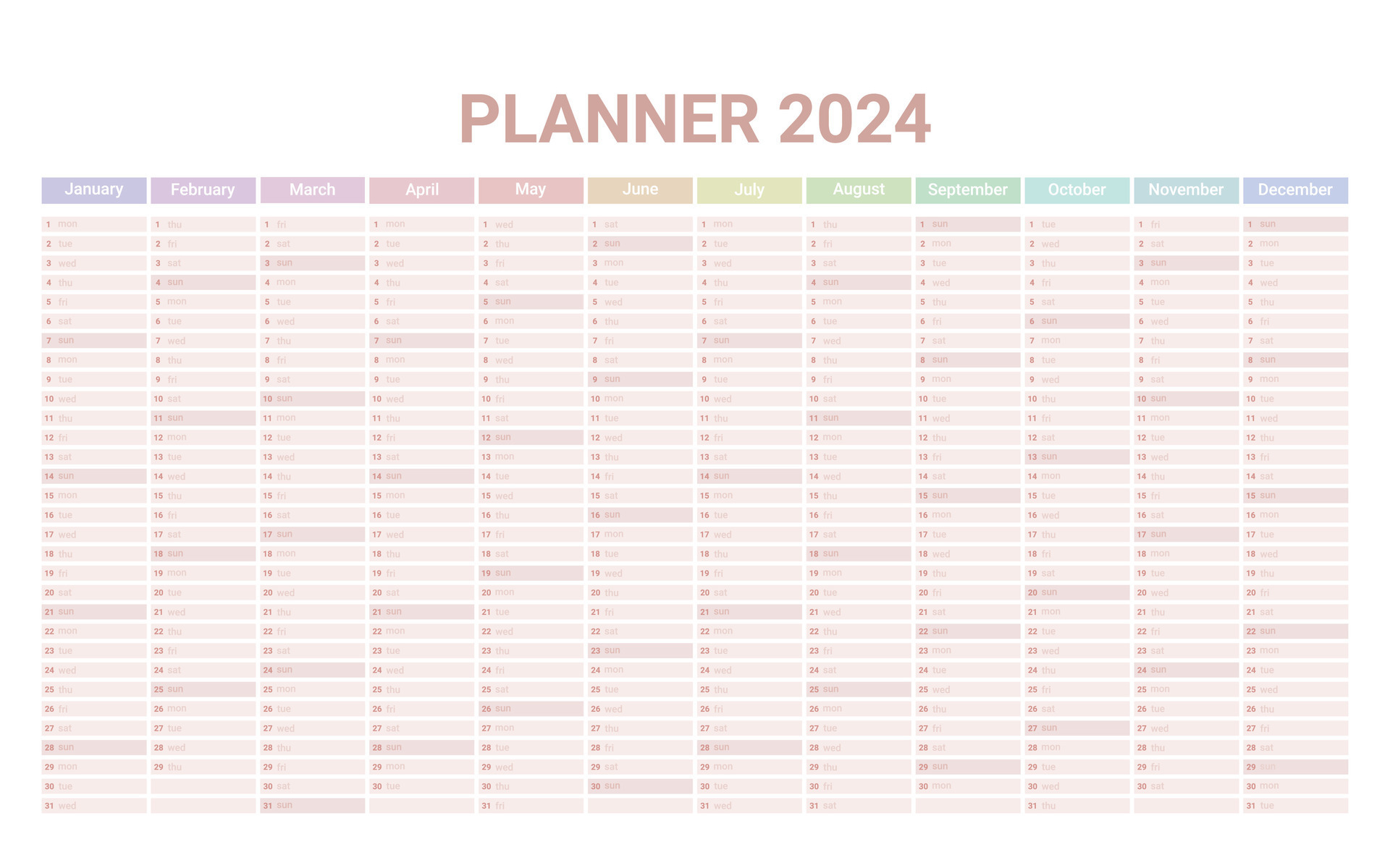 Planner English calendar of 2024 year, template schedule calender