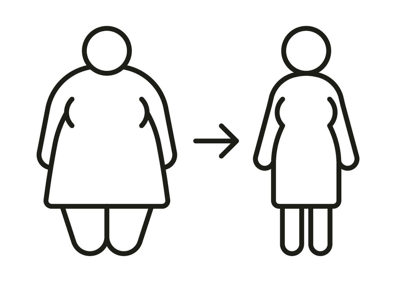 Weight loss, obese body of woman change on thin healthy figure, line icon. Fat, big size and small girl. Risk diabetes. Vector outline illustration