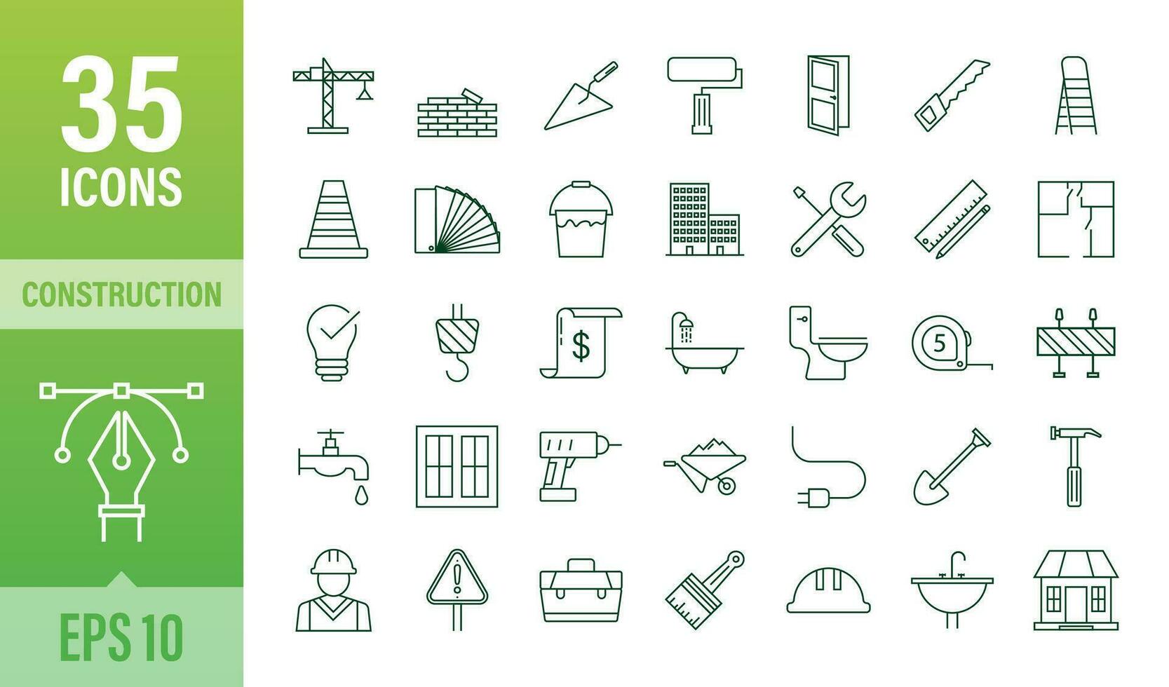 Outline web icons set. Construction and home repair tools, building. Work safety. Vector stock illustration