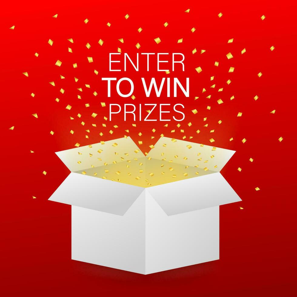 Enter to Win Prizes. Open Red Gift Box and Confetti. Vector stock Illustration