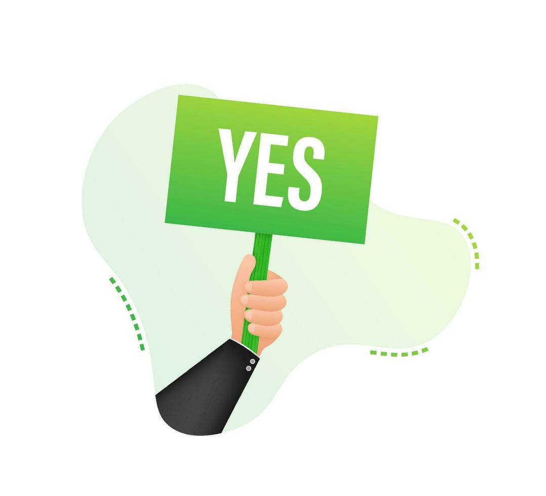 Hand holds sign with green yes tick. Satisfaction, acceptance. Vector stock illustration