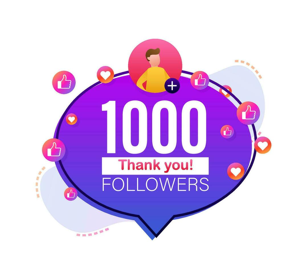 Thank you 1000 followers numbers. Flat style banner. Congratulating multicolored thanks image for net friends likes. Vector illustration