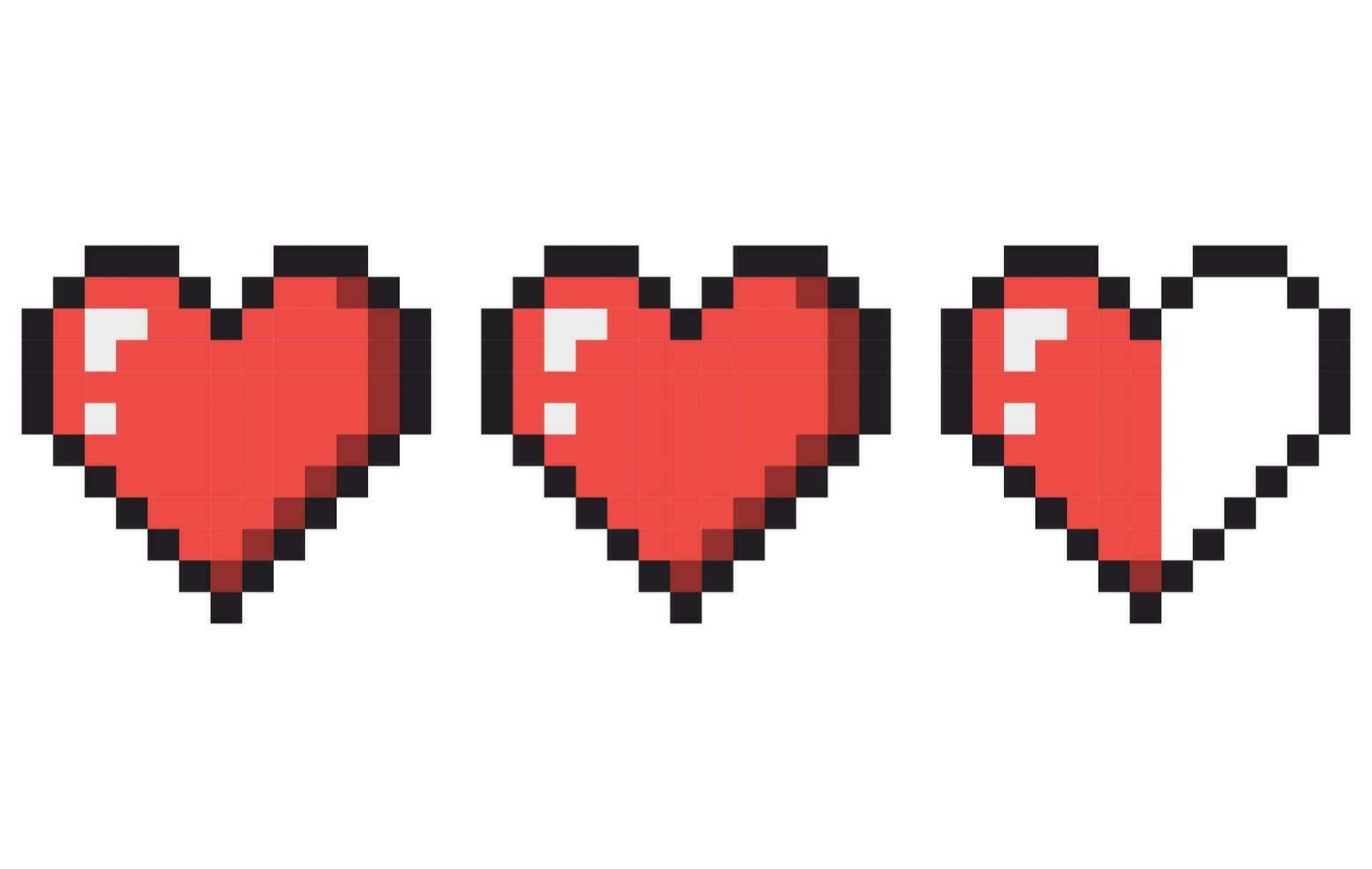 Life point pixel. Three pixel hearts. The health bar in the video game. vector