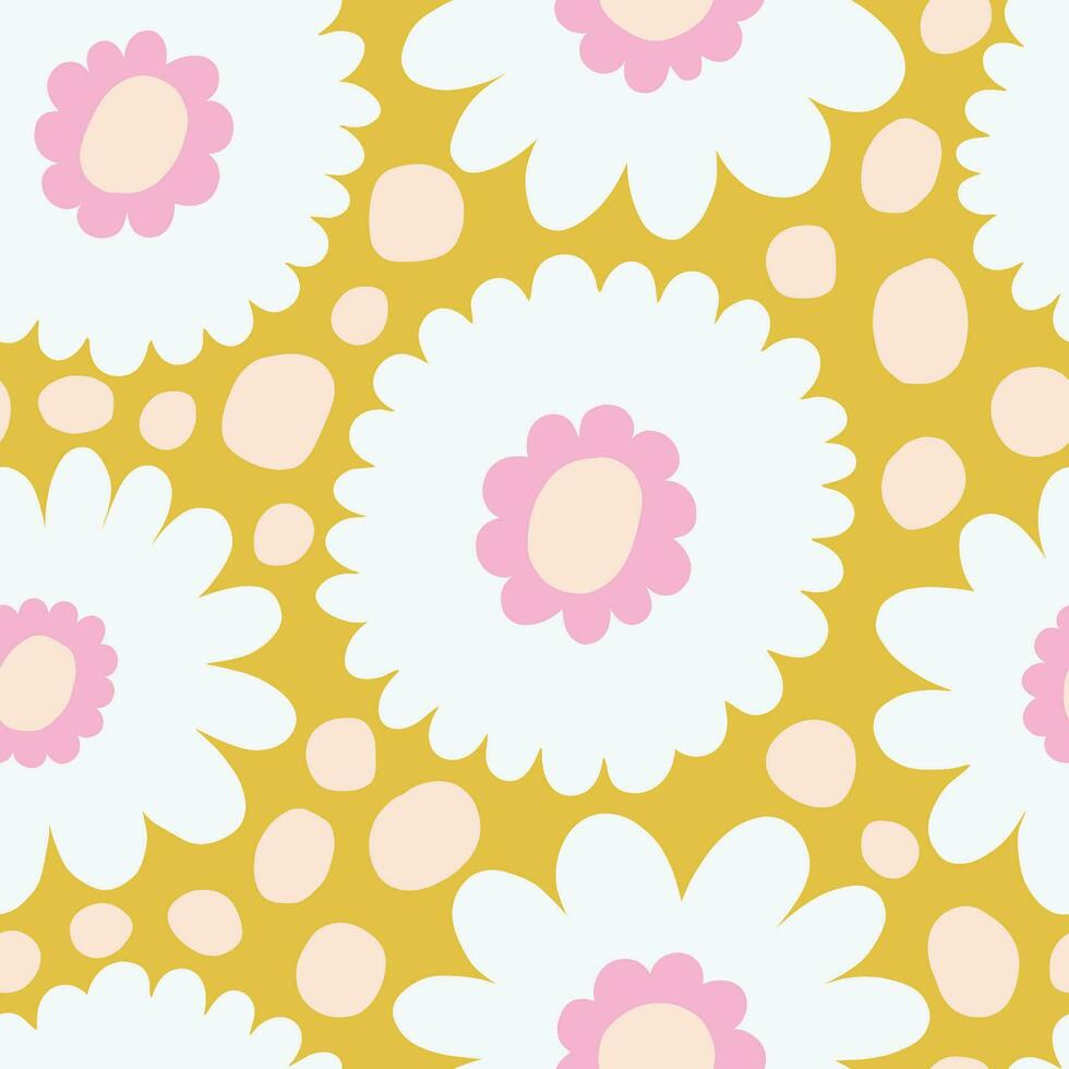 Beautiful vector floral pattern. Seamless texture with bold hand drawn flowers and dots. Retro nostalgic floral background