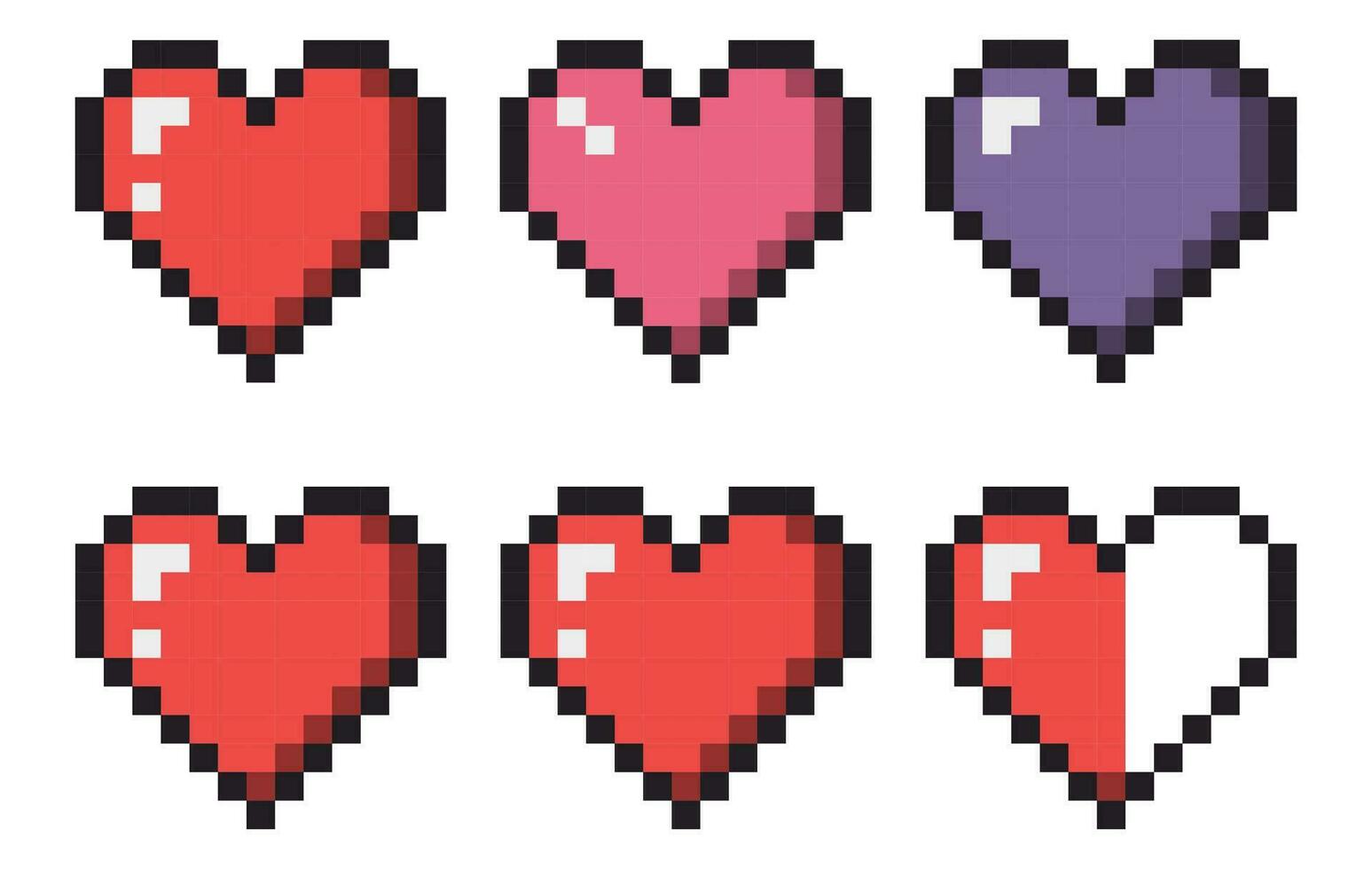 píxel corazones conjunto en píxel estilo en blanco antecedentes. salud bar píxel juego concepto. retro juego interfaz. 8 poco vector ilustración de computadora juego. diferente corazones recopilación.