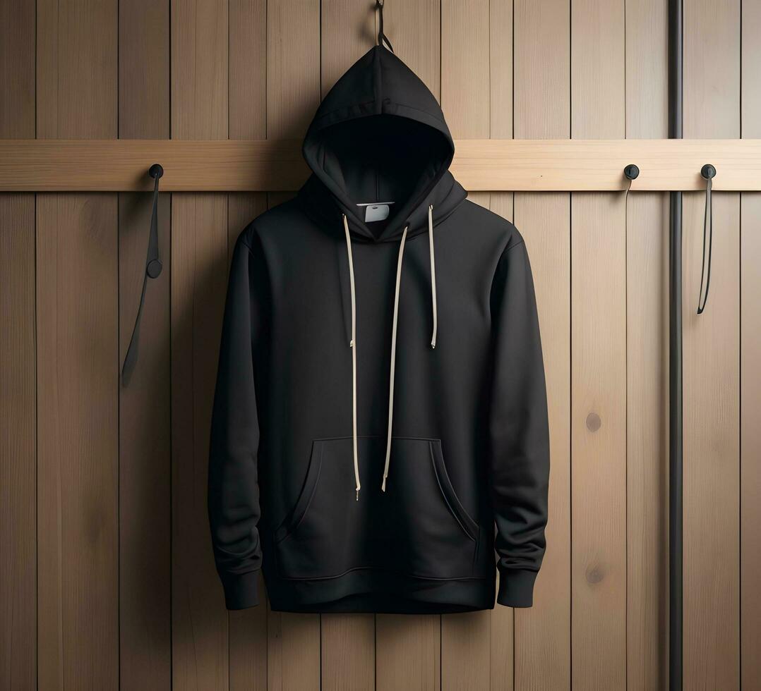 Hanging black hoodie Mockup With brick Background ai generate photo