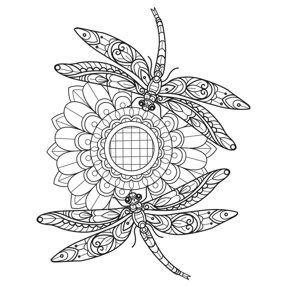 Dragonfly and big flower hand drawn for adult coloring book vector