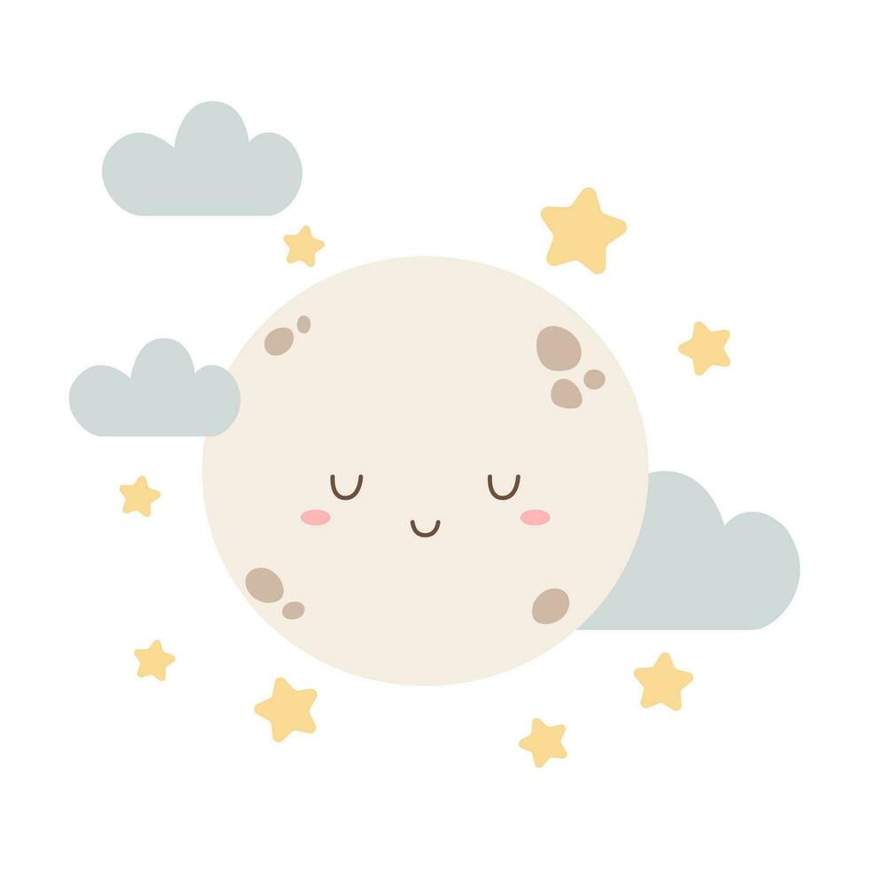 Vector illustration of cute sleeping full moon or planet, stars, and cloud.