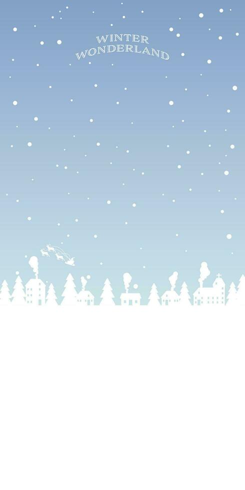 Winter wonderland with snowfall in evening vertical vector illustration. Merry Christmas and Happy New Year greeting card template.