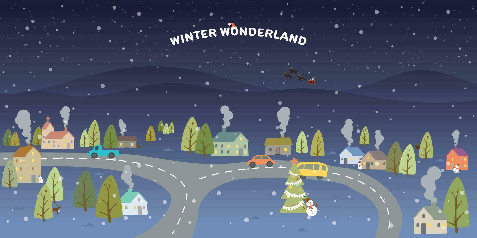 Winter Wonderland at night background childish style vector illustration. Merry Christmas greeting card template have blank space.