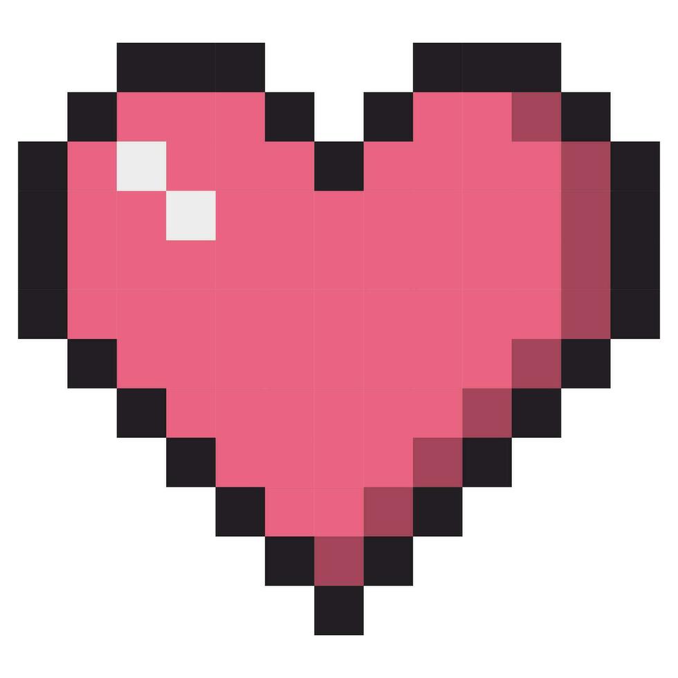 Pixel art heart. Cute pink pixel logo with black frame. vector
