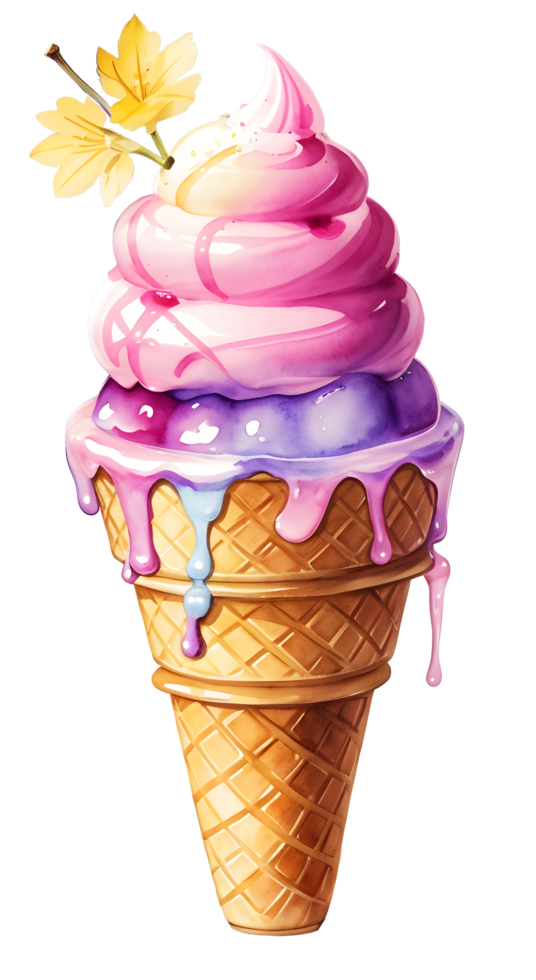 Watercolor fresh sweet colorful ice cream in summer. Homemade delicious bakery with dessert and food illustration. AI Generated png