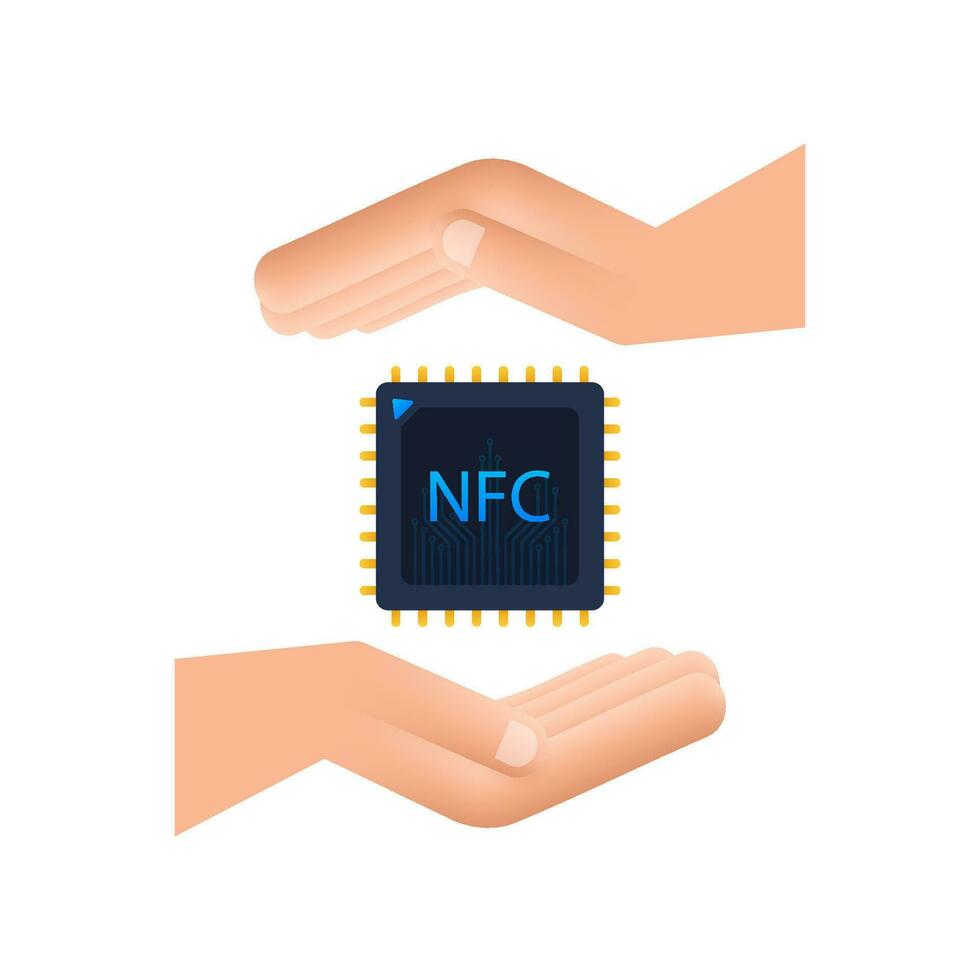 NFC processor icon with hands. NFC chip. Near field communication. Vector stock illustration