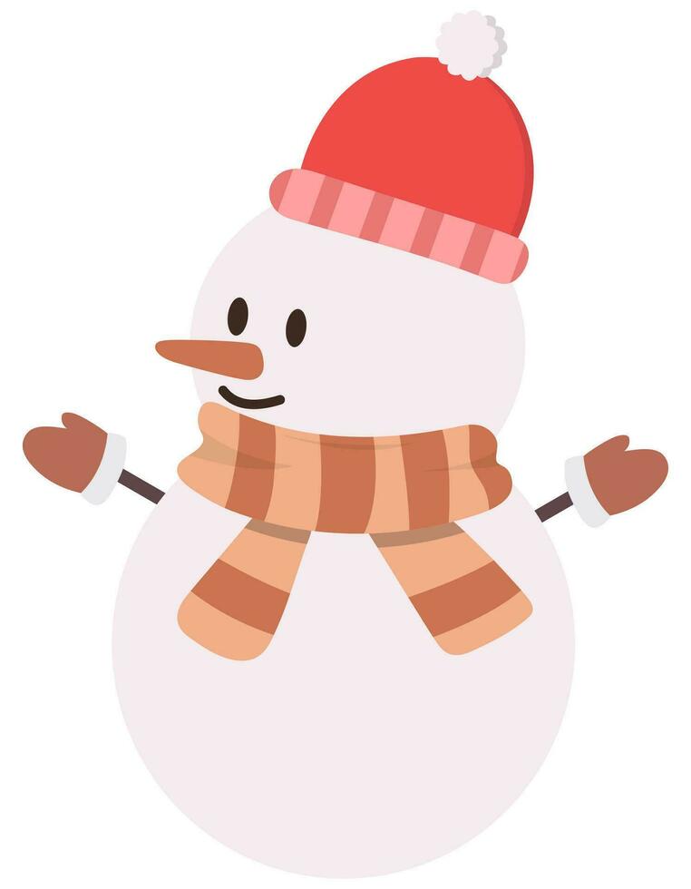 Snowman with a scarf and red Knitted red cap hat isolated in a white background. vector