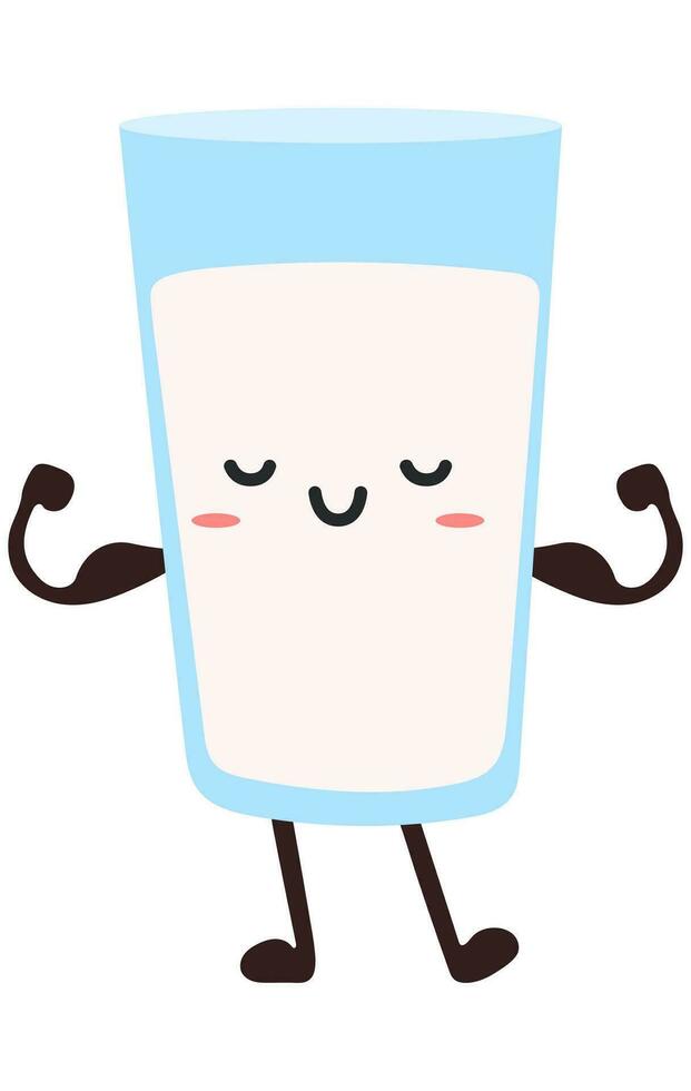Cute smiling happy milk glass show muscle. vector