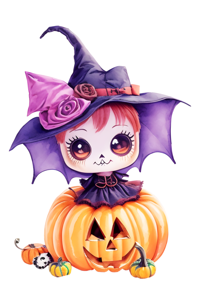 Watercolor and painting for smiling cute doll girl with pumpkin Halloween. Digital painting cartoon illustration holiday concept. AI Generated png