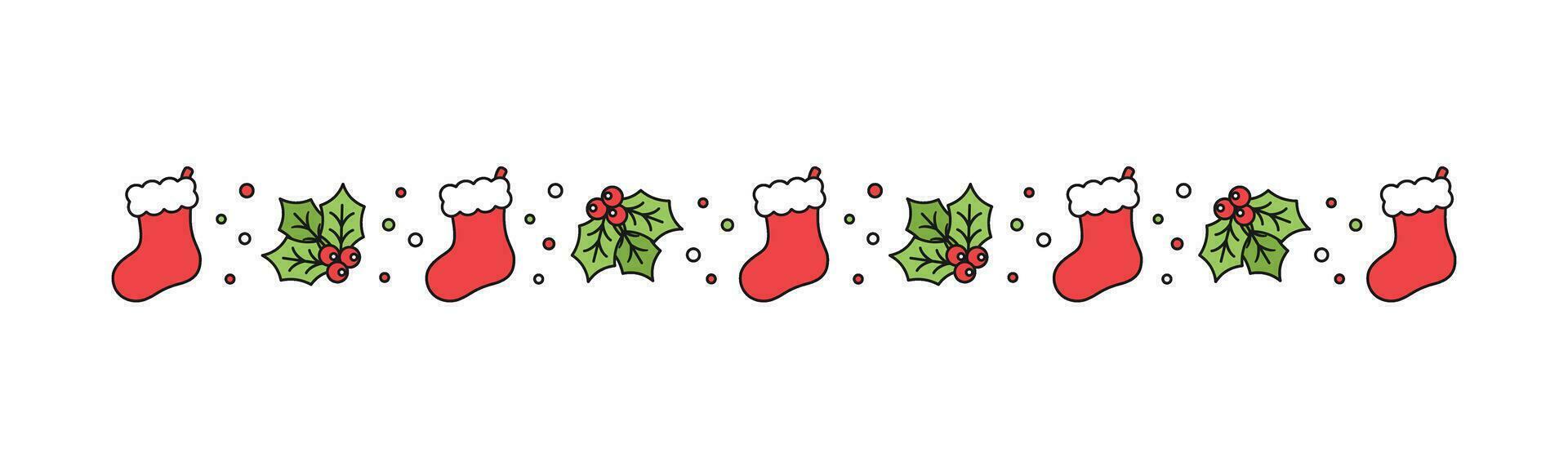 Christmas themed decorative border and text divider, Christmas Stocking and Mistletoe Pattern. Vector Illustration.