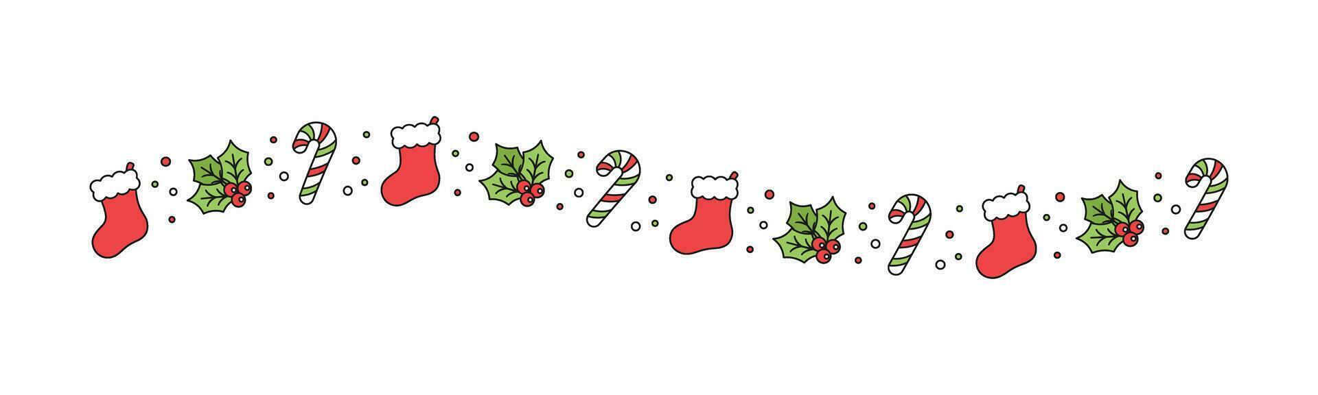 Navidad temática decorativo ondulado línea frontera y texto divisor, Navidad media, caramelo caña y muérdago modelo. vector ilustración.