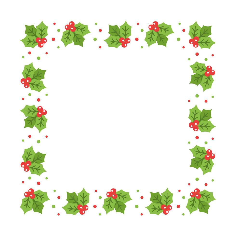 Square Mistletoe Frame, Christmas and New Year Card Template, Winter Holiday Season Plant Design Border. Vector Illustration for greetings, invitation, social media post.