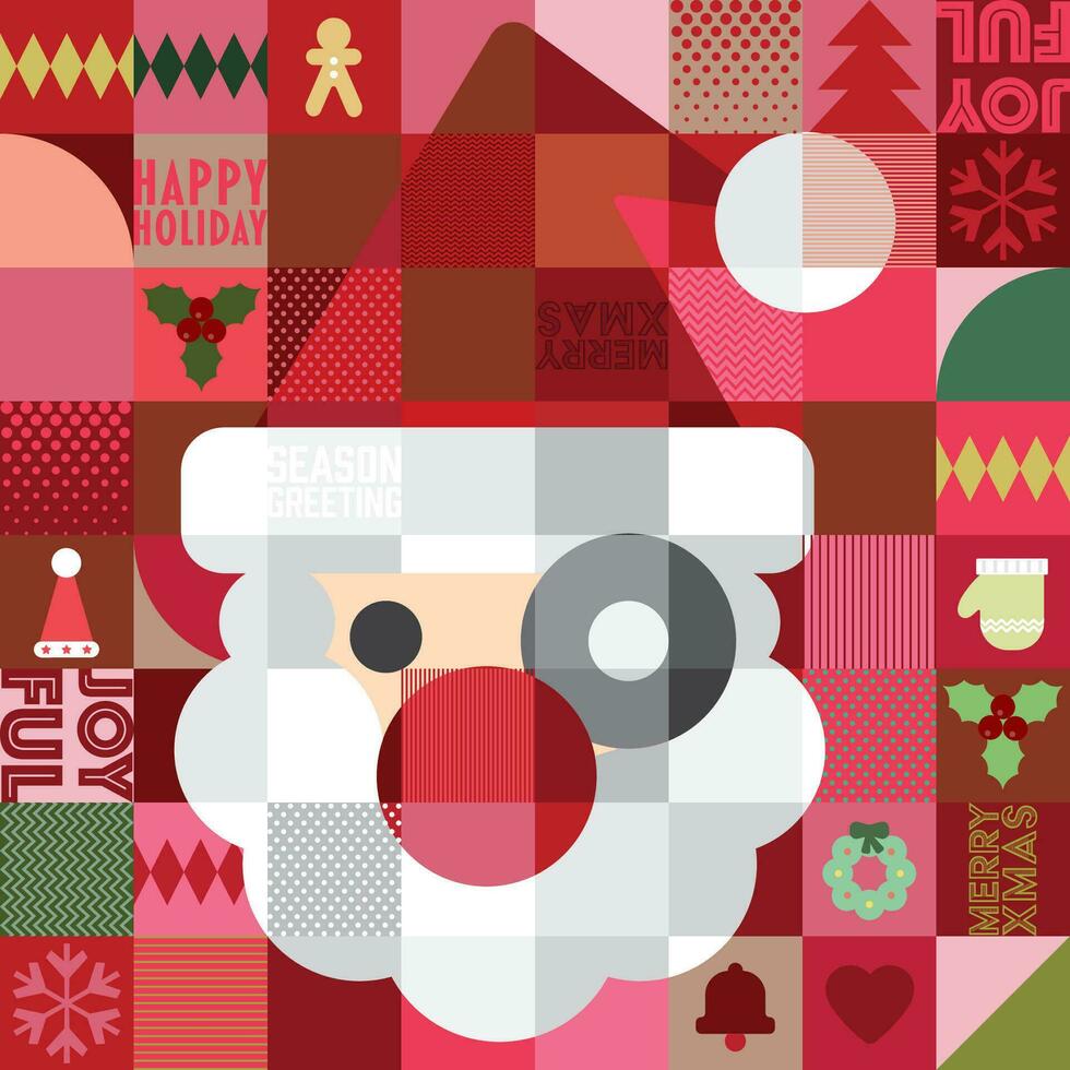 Merry Christmas and colorful Christmas elements in mosaic punchy style vector illustration.