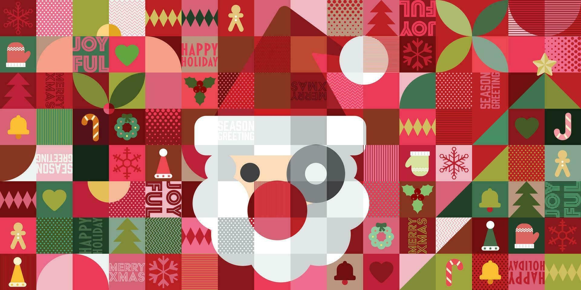 Merry Christmas and colorful Christmas elements in mosaic punchy style vector illustration.