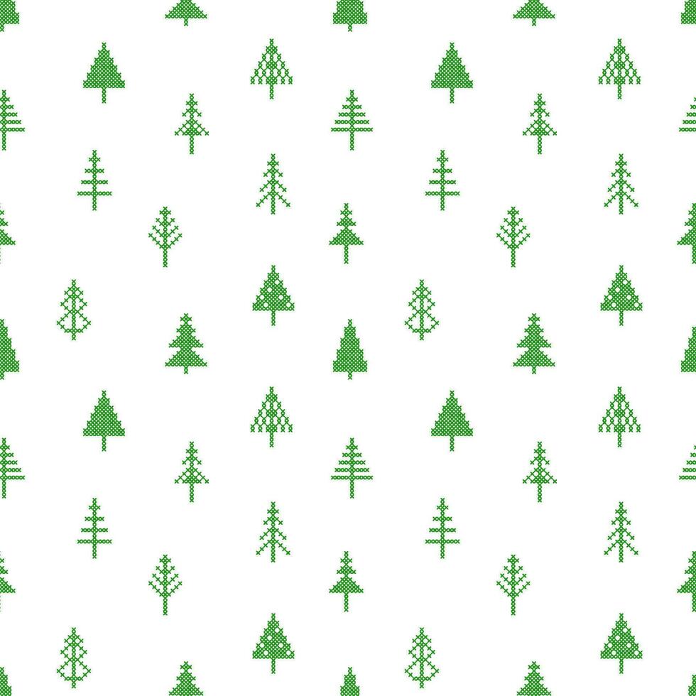 Seamless Pattern with Christmas tree in peasant folk rustic motif. cross stitch background with fir tree vector