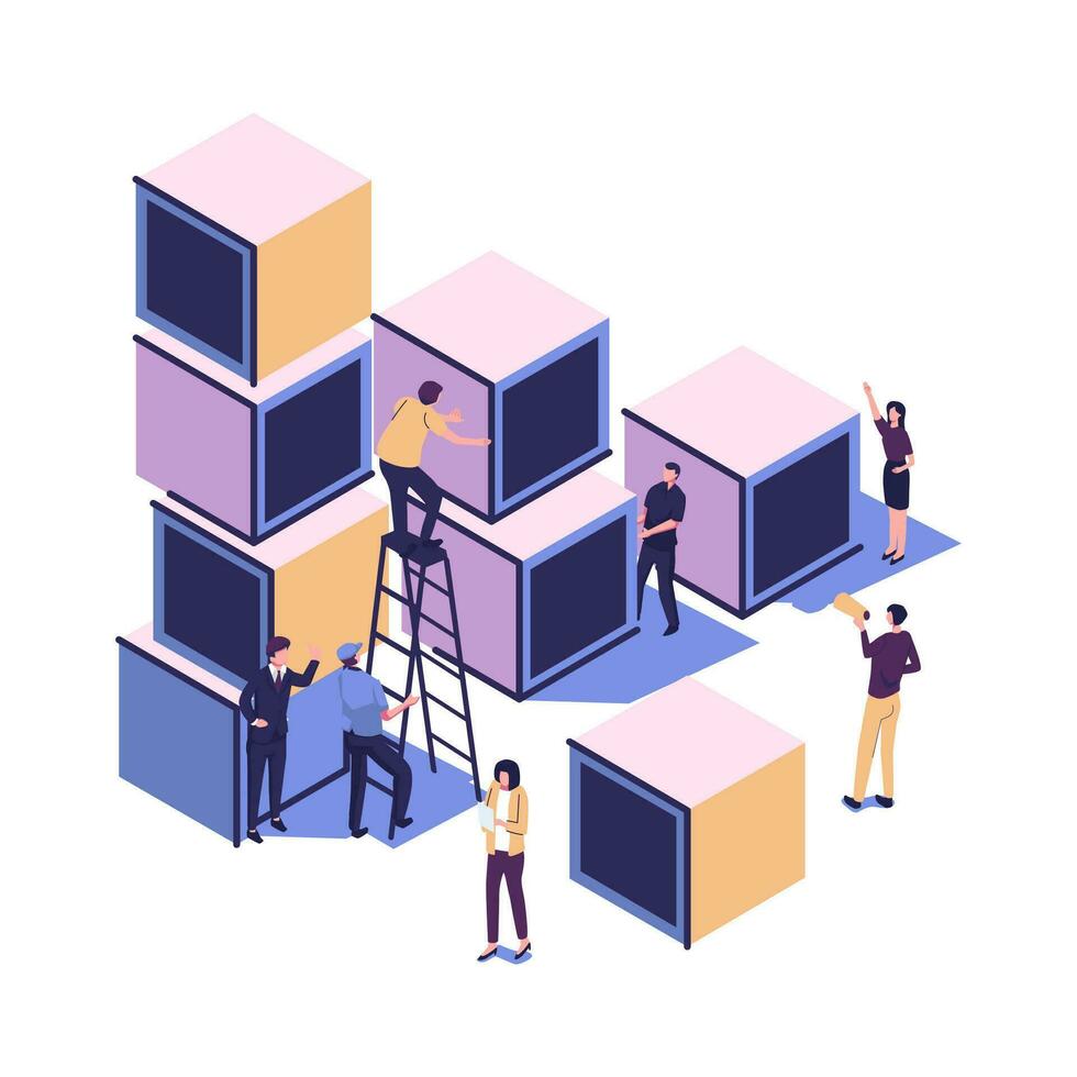 Business concept. Team metaphor. people connecting the elements of the columns. Vector illustration flat design style. Symbol of teamwork, cooperation, partnership. - Vector