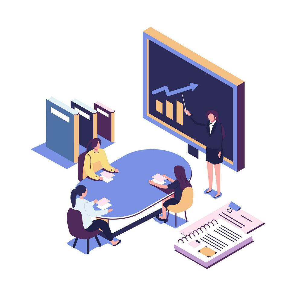 Vector flat illustration, online training courses for employees, training skills enhancement, people sit at a conference and look at the big screen, the analysis of infographics