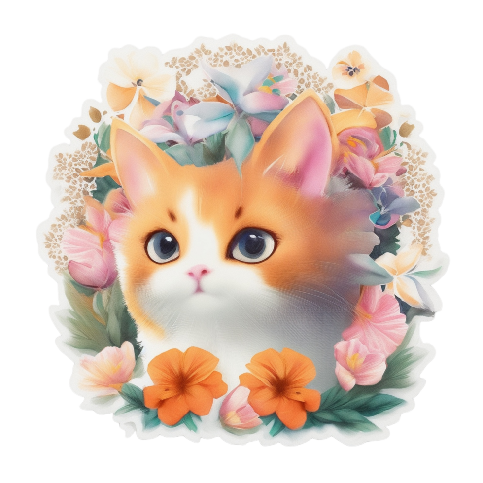 Cute Cat With Flower Sticker Style Png Transparent Background Ai Generative