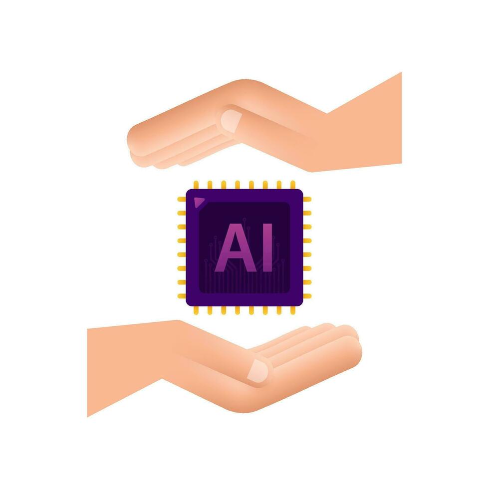 Artificial Intelligence landing page. Ai icon with hands. Website template for deep learning concept. Vector stock illustration