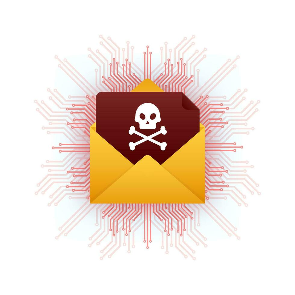 rojo correo electrónico virus. computadora pantalla. virus, piratería, hackear y seguridad, proteccion vector valores ilustración