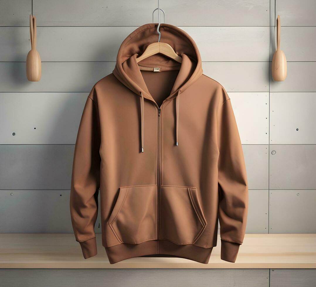 Hanging brown hoodie Mockup With brick Background ai generate photo