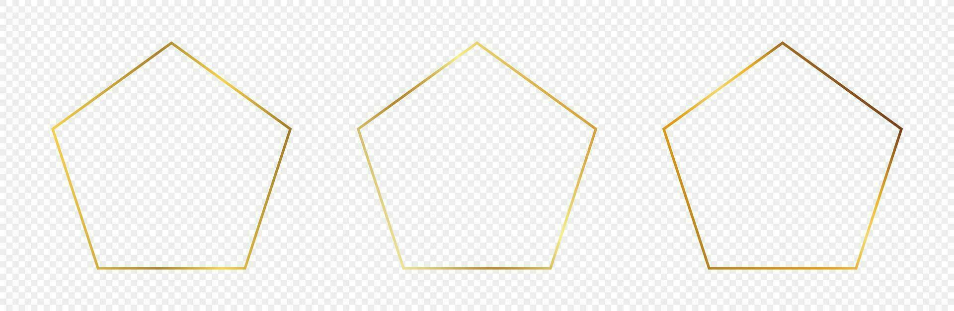 Set of three gold glowing pentagon shape frames isolated on background. Shiny frame with glowing effects. Vector illustration.