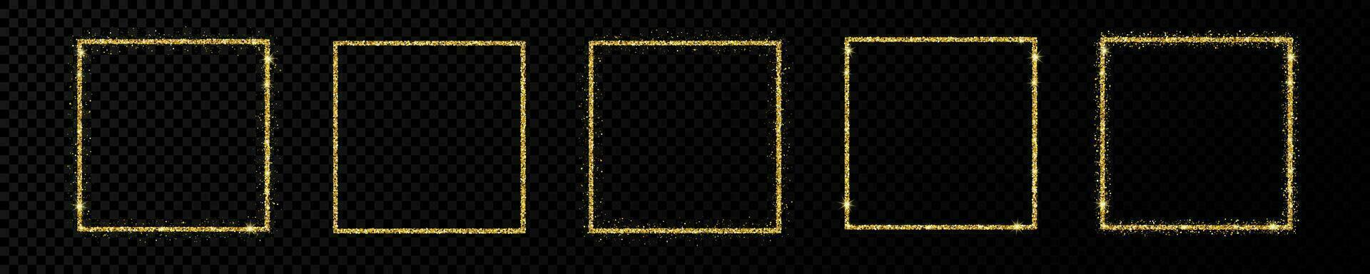 Set of five gold glitter frames. Square frame with shiny stars and sparkles on dark background. Vector illustration